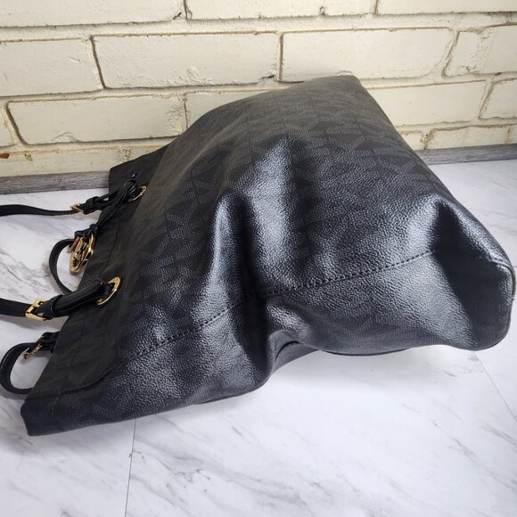 Like New Michael Kors Black Leather Monogrammed Tote Bag Purse - Picture 8 of 12